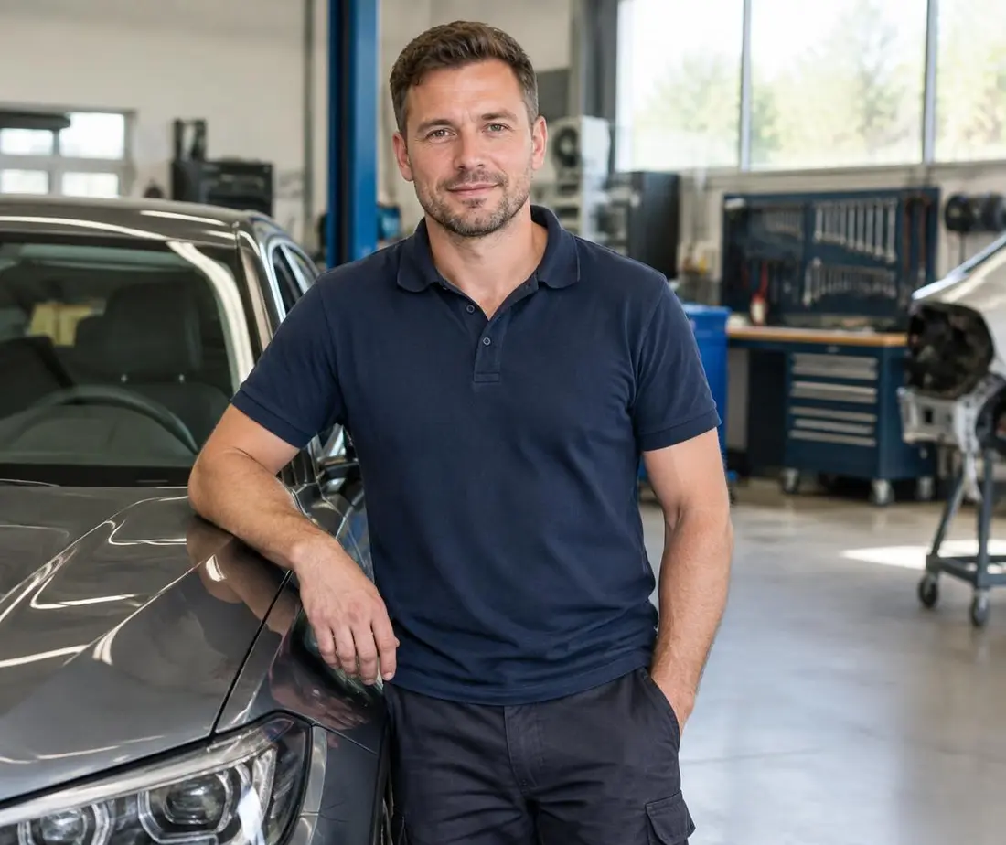 De schade-expert van Autotaxaties De Vecht in de werkplaats naast een personenauto
